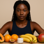femme avec fruits devant elle